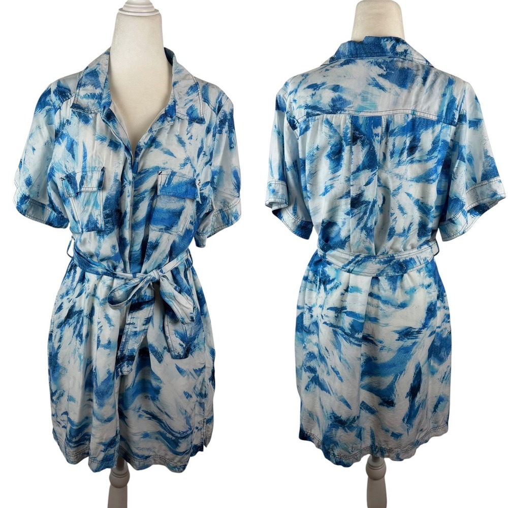 Marie Oliver Blue Tie Dye Print Button Front Shirt Dress Large Coastal Beachy